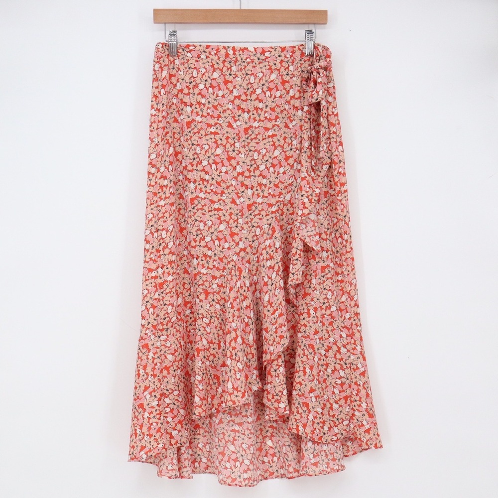 Max Studio Skirt Women's M Floral Ruffle High-Low Orange Pink Excellent